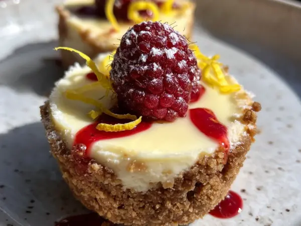 golden mini cheesecake bites with creamy filling and crumbly graham cracker crust, topped with fresh berries