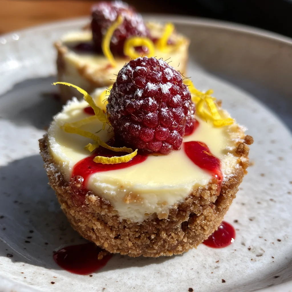 golden mini cheesecake bites with creamy filling and crumbly graham cracker crust, topped with fresh berries
