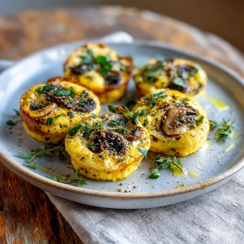 golden mushroom swiss egg bites with melty cheese and caramelized mushrooms in a white ceramic dish