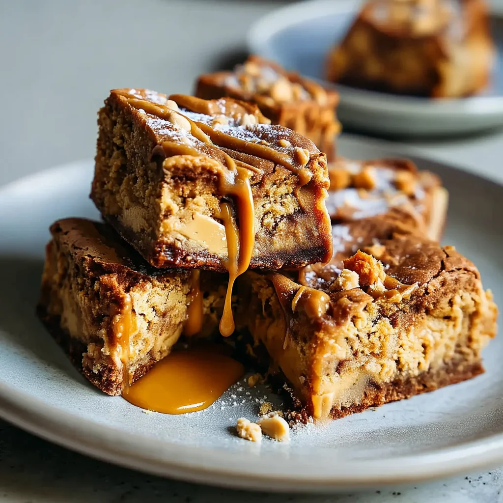 gooey peanut butter protein blondies with crackly tops and melty chocolate chips in a white ceramic dish