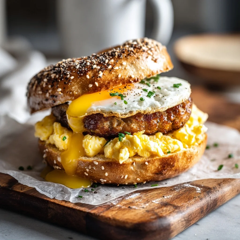 a perfectly toasted sausage egg bagel with melted cheese, fluffy scrambled eggs, and golden sausage patty on a rustic wooden