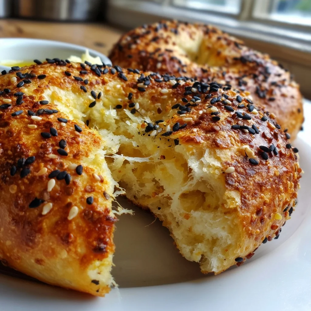 golden sesame cottage cheese bagels with crispy crust and soft interior, topped with toasted sesame seeds