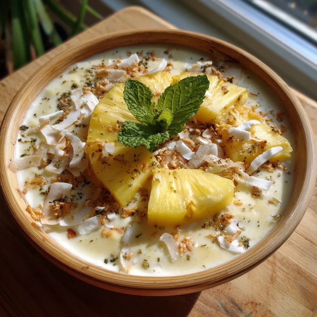 creamy pineapple coconut smoothie bowl topped with fresh fruit, shredded coconut, and chia seeds