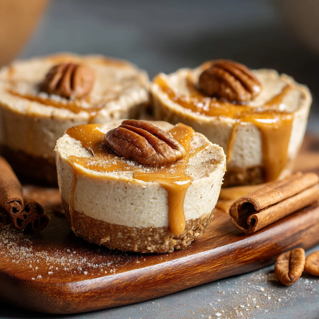 creamy pumpkin protein cheesecake bites with spiced crust in white ceramic dish, perfect healthy dessert