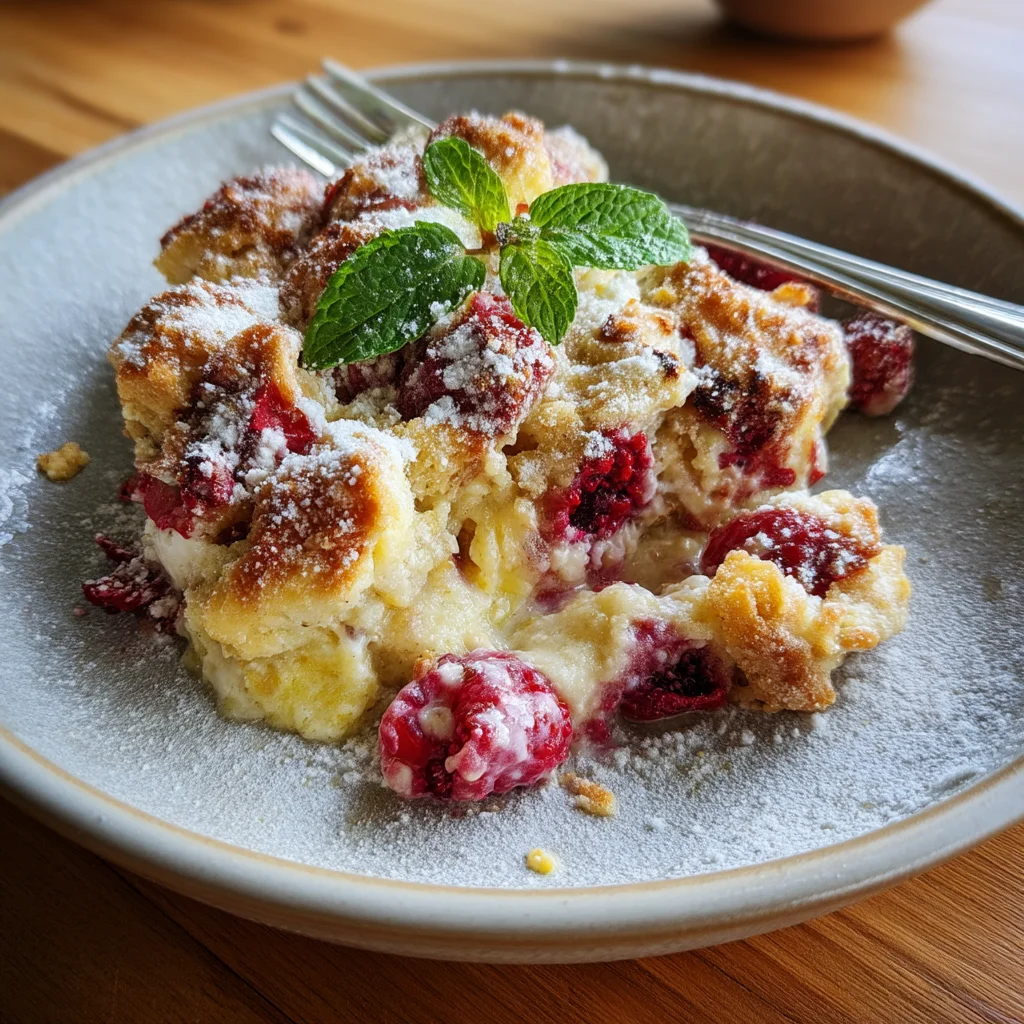 warm raspberry almond breakfast bake with golden crust and juicy berries, topped with sliced almonds