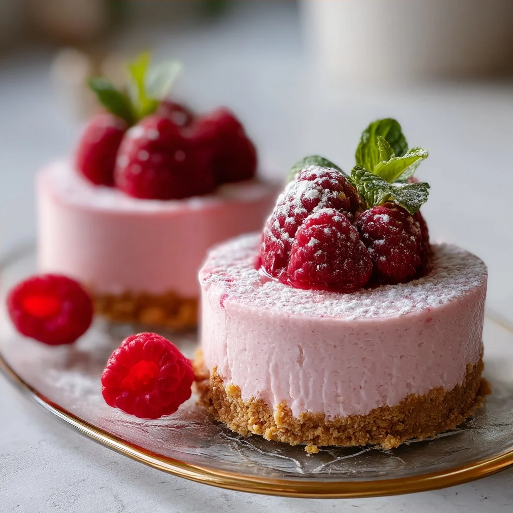 close-up of creamy raspberry mousse cups with fresh raspberries and a glossy finish, served in elegant white ceramic dishes