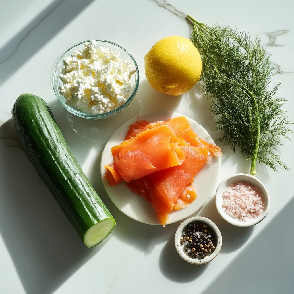 smoked salmon and cottage cheese cucumber bites arranged on platter with fresh dill garnish