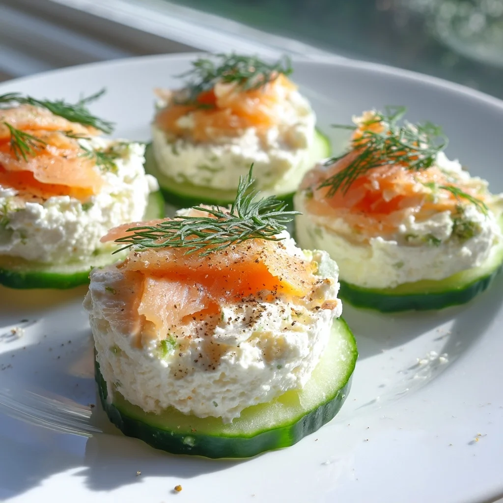 smoked salmon cottage cheese cucumber bites with creamy dill sauce on crisp cucumber rounds