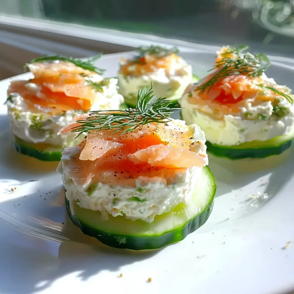 smoked salmon cottage cheese cucumber bites arranged on a white platter with fresh dill garnish