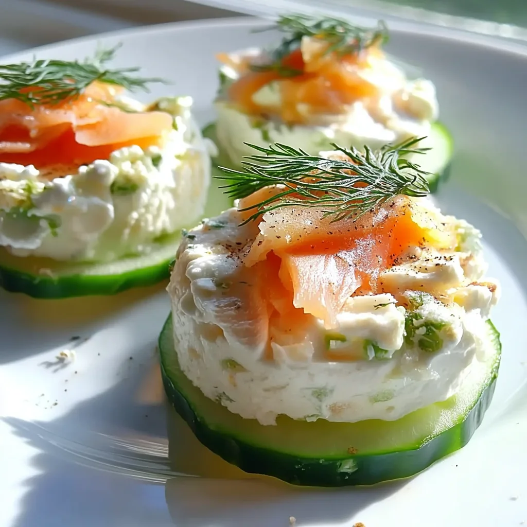 Smoked salmon and cottage cheese cucumber bites arranged on a platter with fresh dill garnish