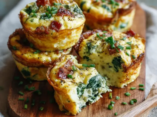 creamy spinach bacon egg bites baked in white ceramic dish with golden edges and fresh herbs
