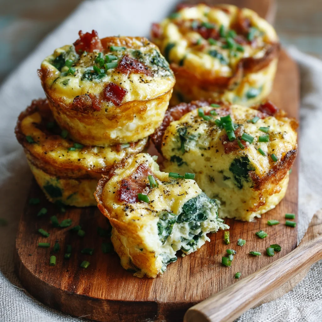 creamy spinach bacon egg bites baked in white ceramic dish with golden edges and fresh herbs