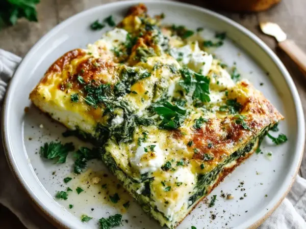golden spinach feta egg bake with melted cheese and fresh herbs in a white ceramic dish
