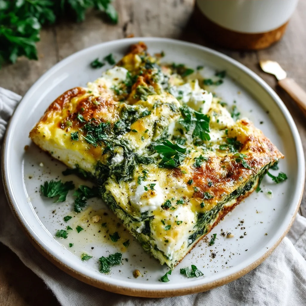 golden spinach feta egg bake with melted cheese and fresh herbs in a white ceramic dish