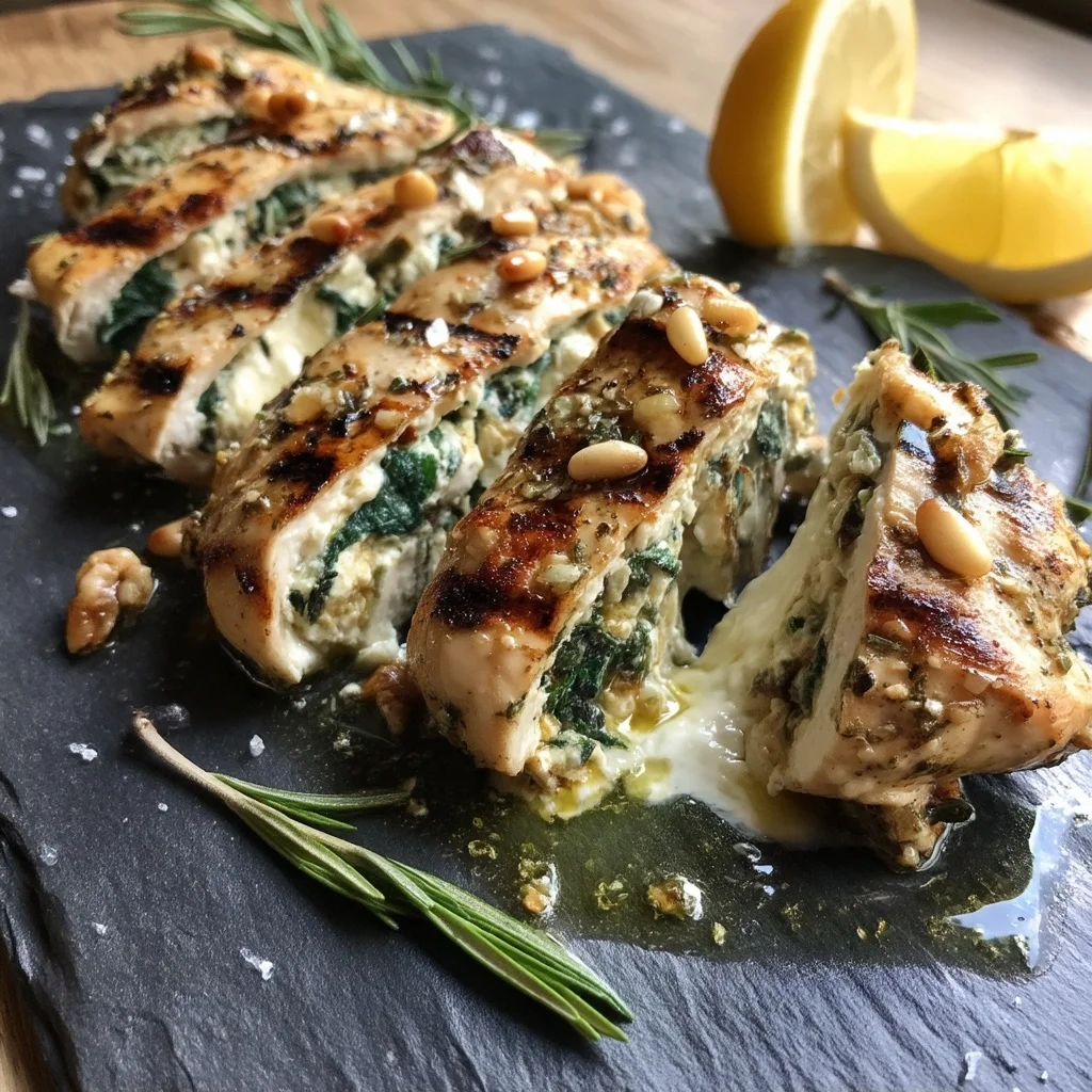 golden spinach feta stuffed chicken breasts with creamy filling oozing out, roasted to perfection in a white ceramic dish
