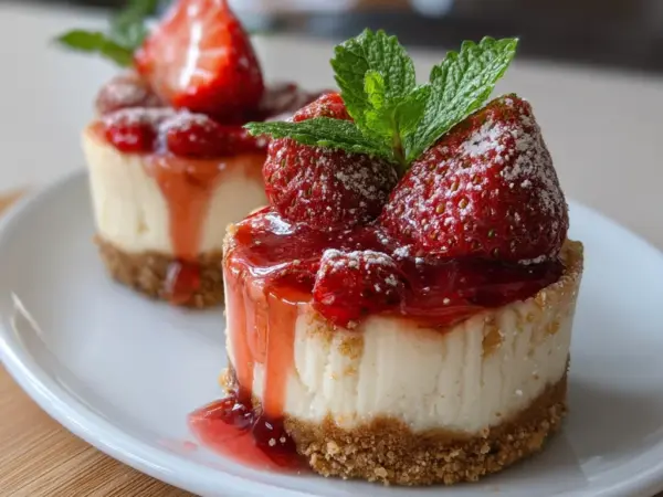 strawberry cheesecake cups with creamy filling, fresh strawberries, and a golden graham cracker crust