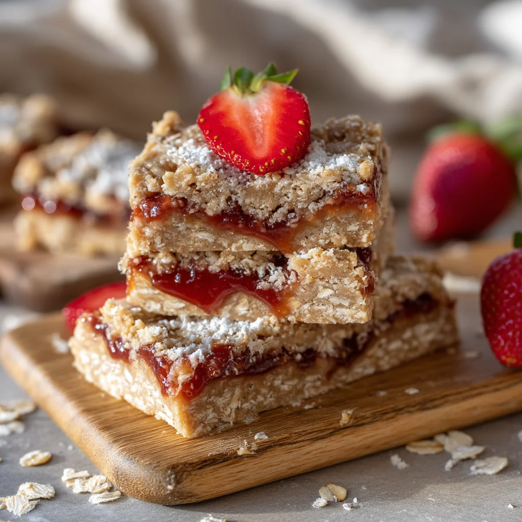 homemade strawberry jam protein bars with glossy jam swirls and chewy oat texture on a white ceramic plate