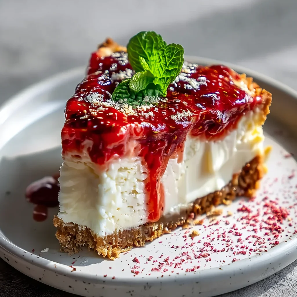 creamy strawberry protein cheesecake with fresh berry topping and crumbly graham cracker crust
