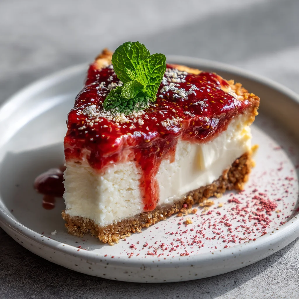 creamy strawberry protein cheesecake with fresh strawberry topping and crumbly graham cracker crust