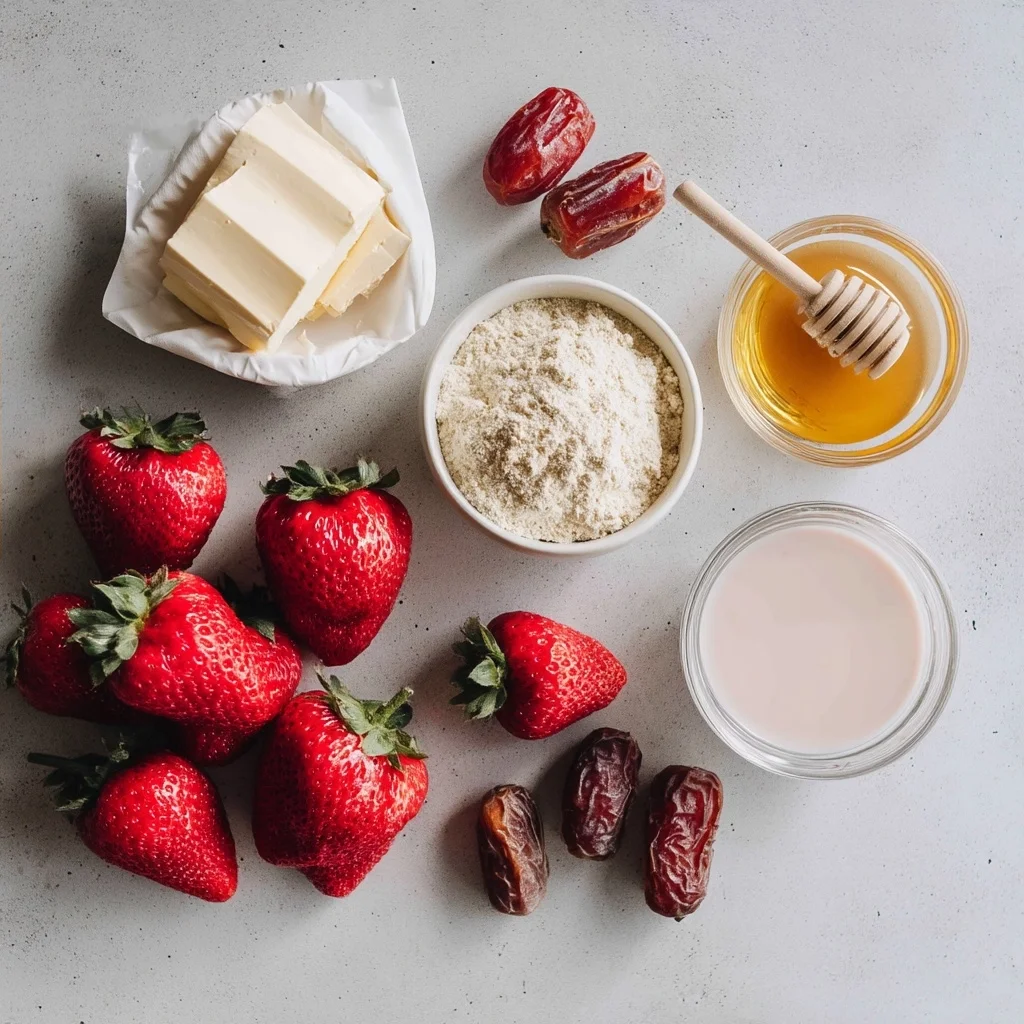 fresh strawberries arranged around creamy strawberry protein cheesecake in a white ceramic dish