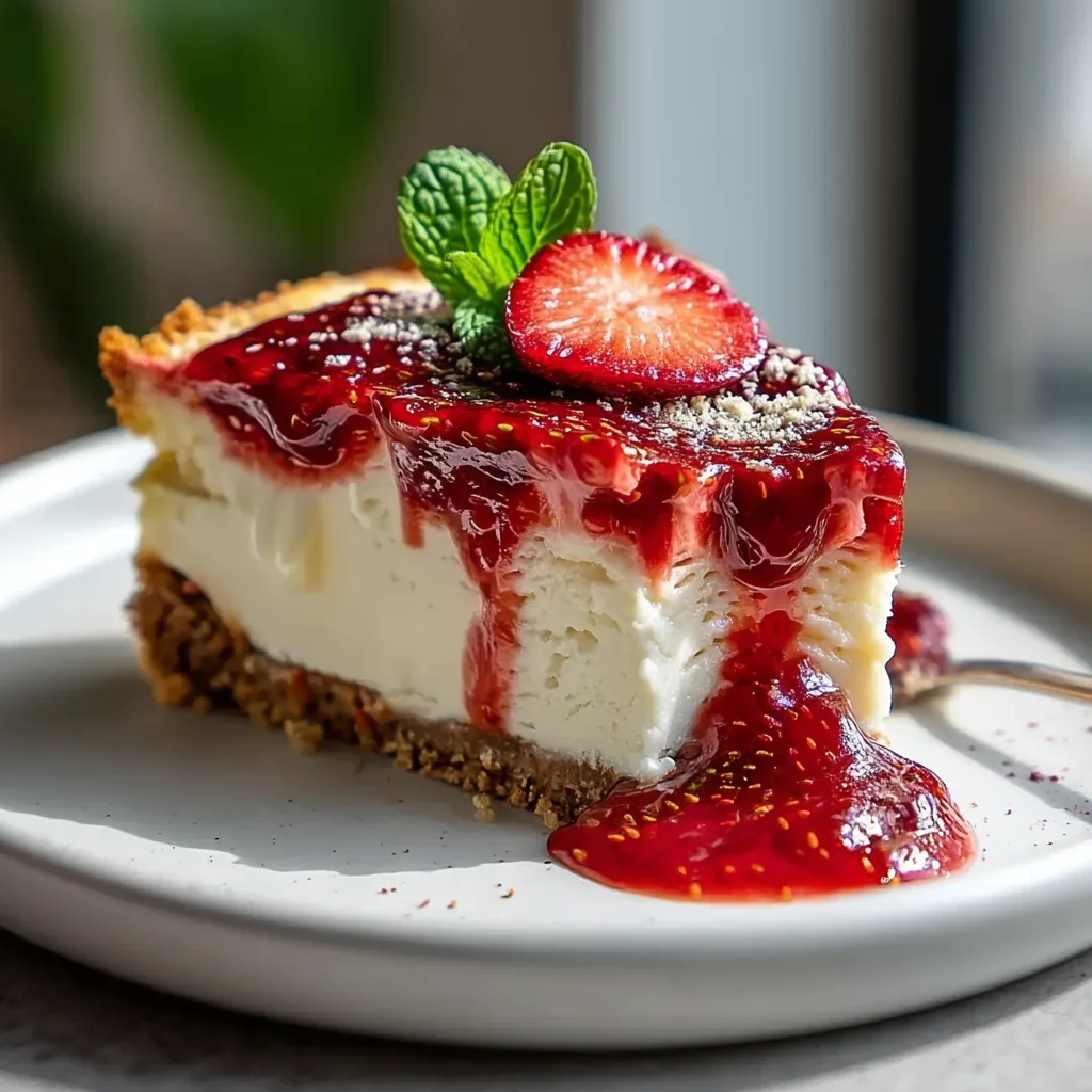 creamy strawberry protein cheesecake slice with fresh berry topping on white plate