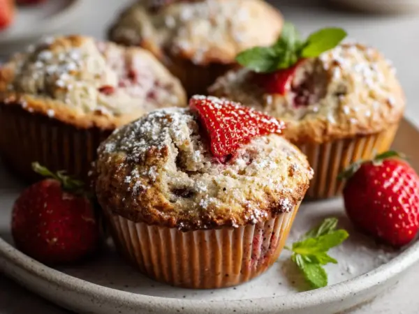 freshly baked strawberry protein muffins with golden tops and juicy strawberry chunks visible