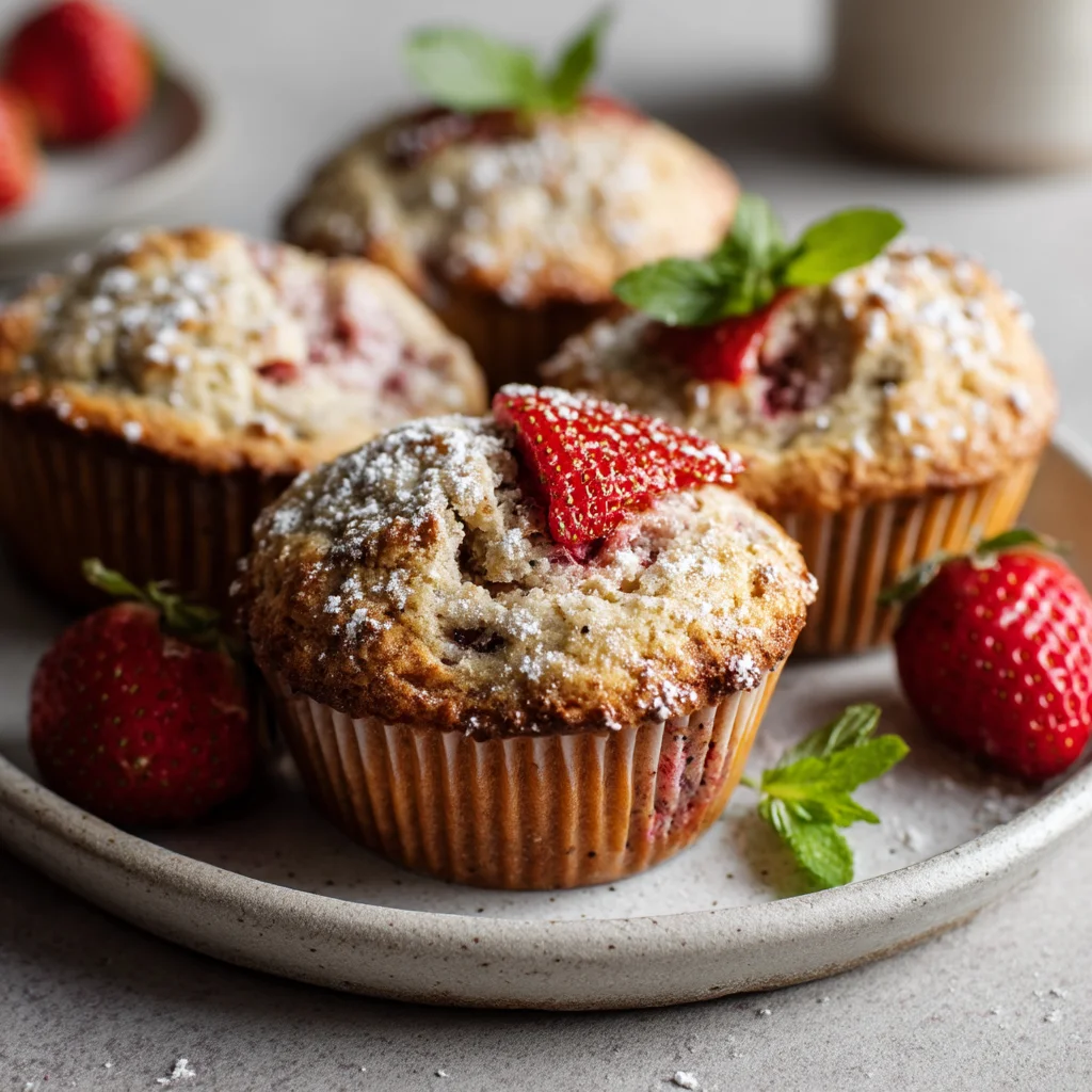 freshly baked strawberry protein muffins with golden tops and juicy strawberry chunks visible