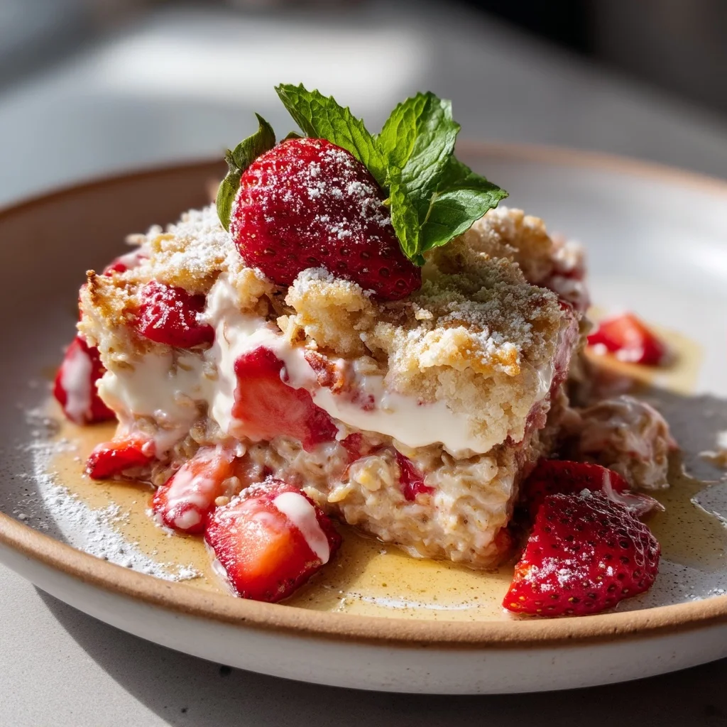 creamy strawberry shortcake oats in a white ceramic bowl with fresh strawberries and golden oat crumbles
