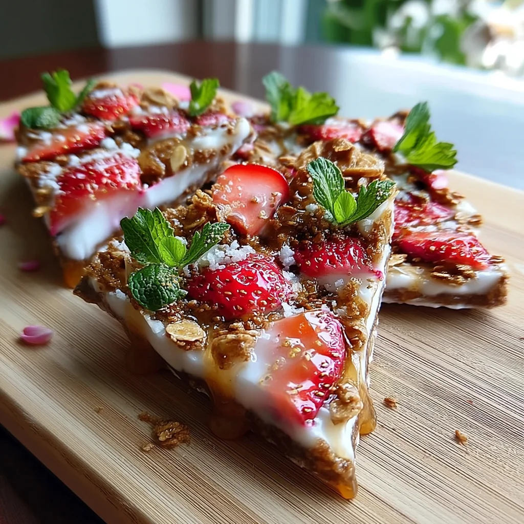 creamy strawberry yogurt bark with white chocolate drizzle and fresh strawberry slices on parchment paper