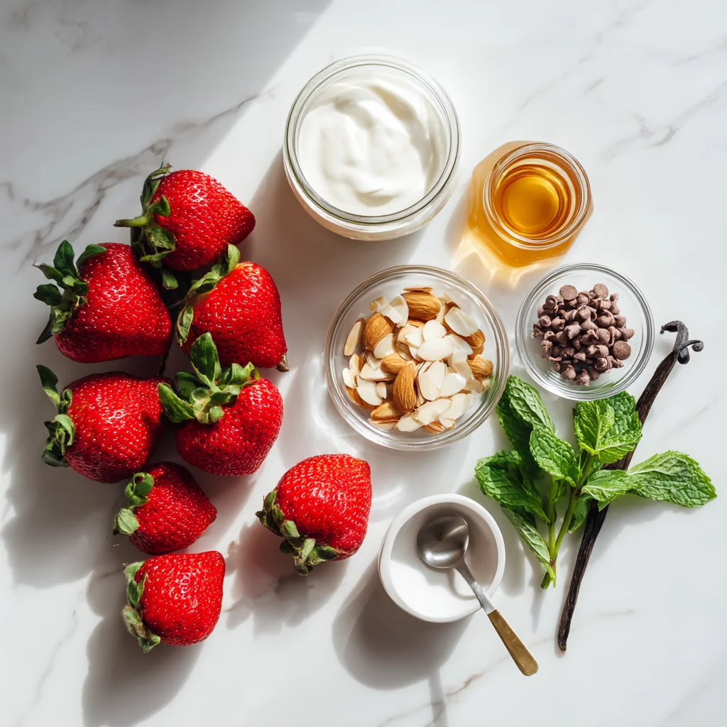 creamy strawberry yogurt bark with fresh berry pieces and white chocolate drizzle on marble counter