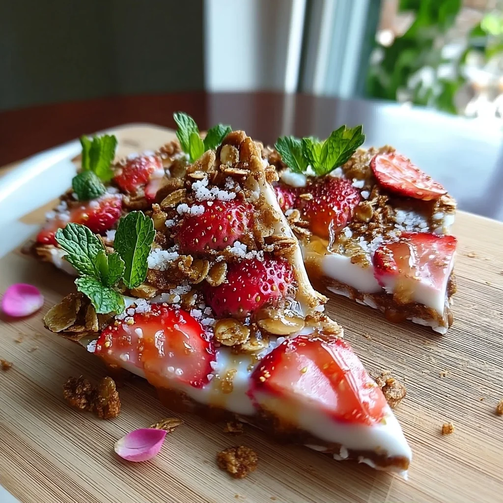 creamy strawberry yogurt bark with fresh berry pieces and drizzled honey on white ceramic plate
