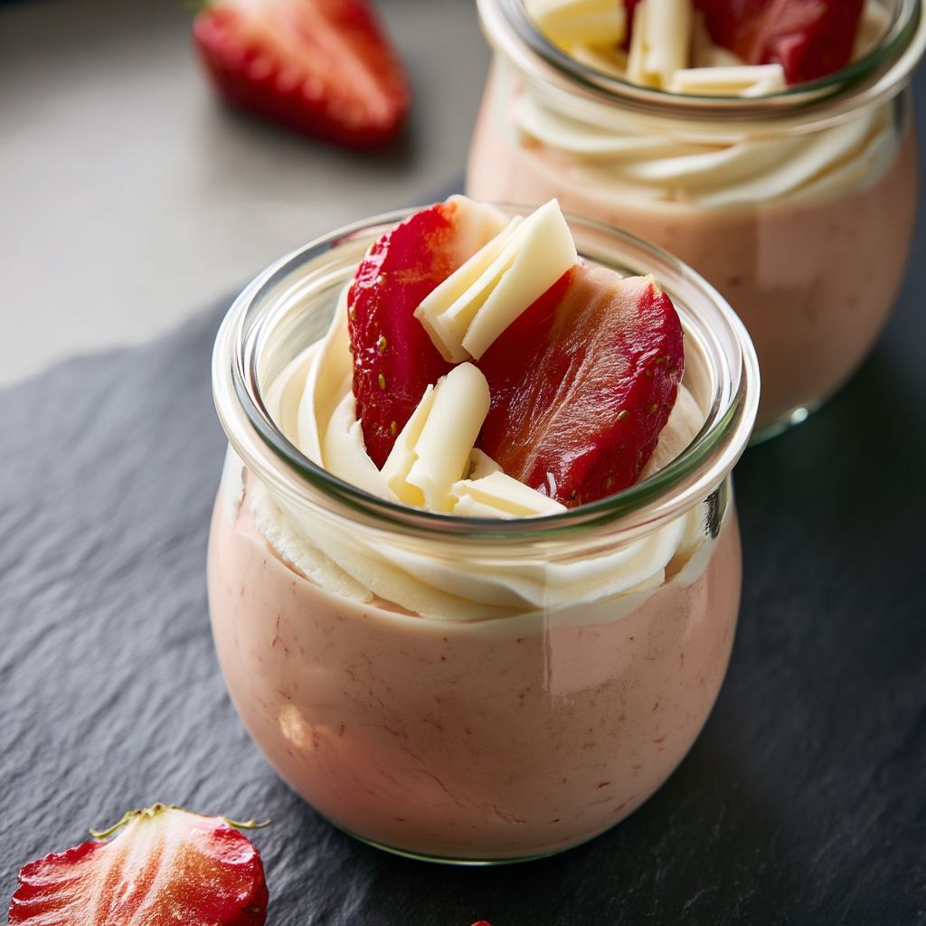 Close-up of the silky smooth texture of white chocolate strawberry mousse topped with strawberries and white chocolate curls