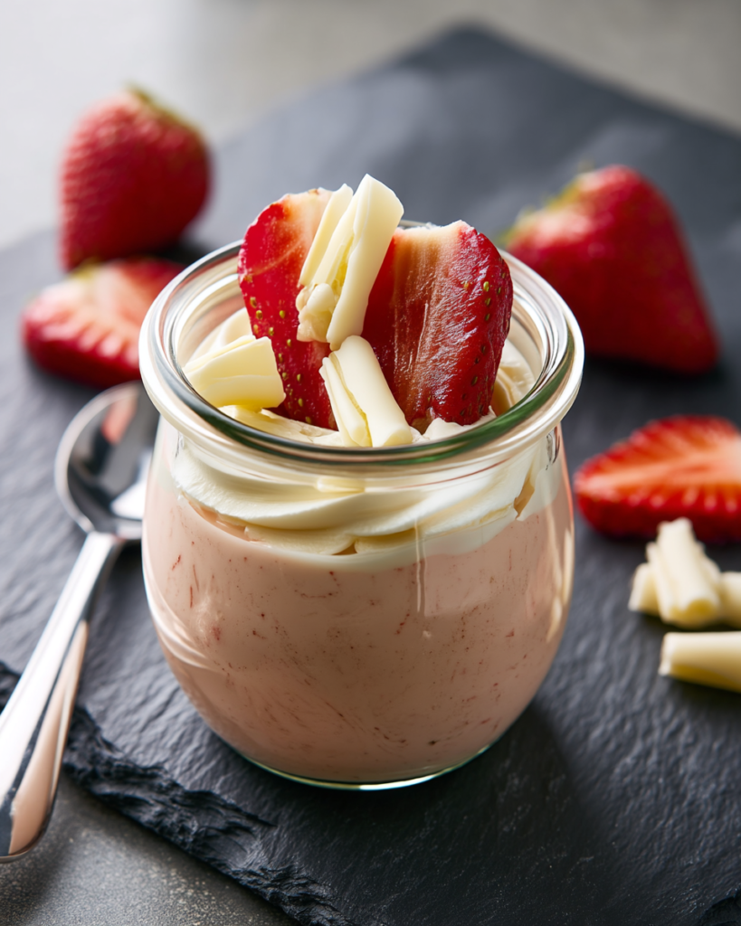 A single serving of white chocolate strawberry mousse garnished with fresh strawberries and white chocolate curls