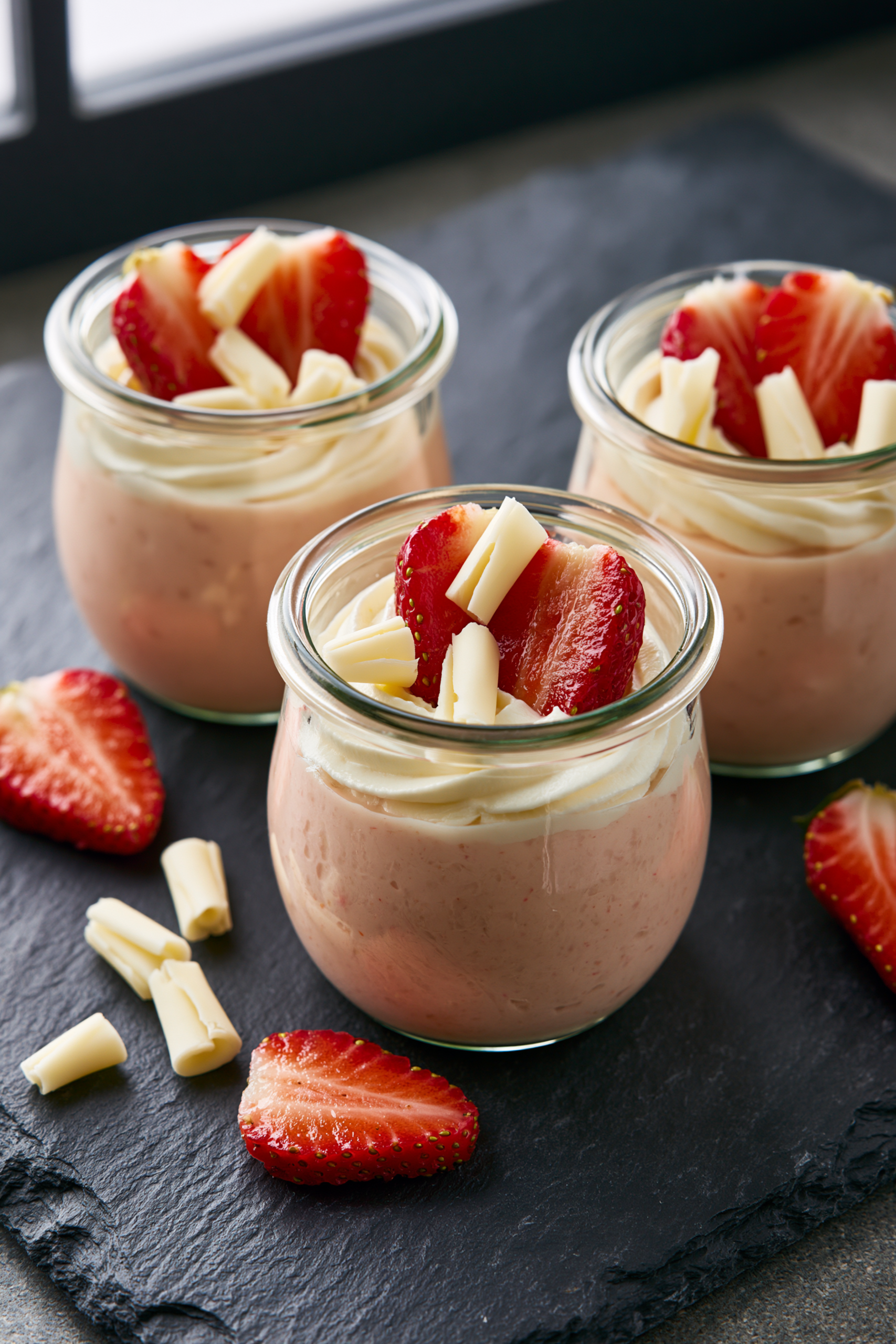 White chocolate strawberry mousse topped with fresh strawberries and white chocolate curls, a high protein snack