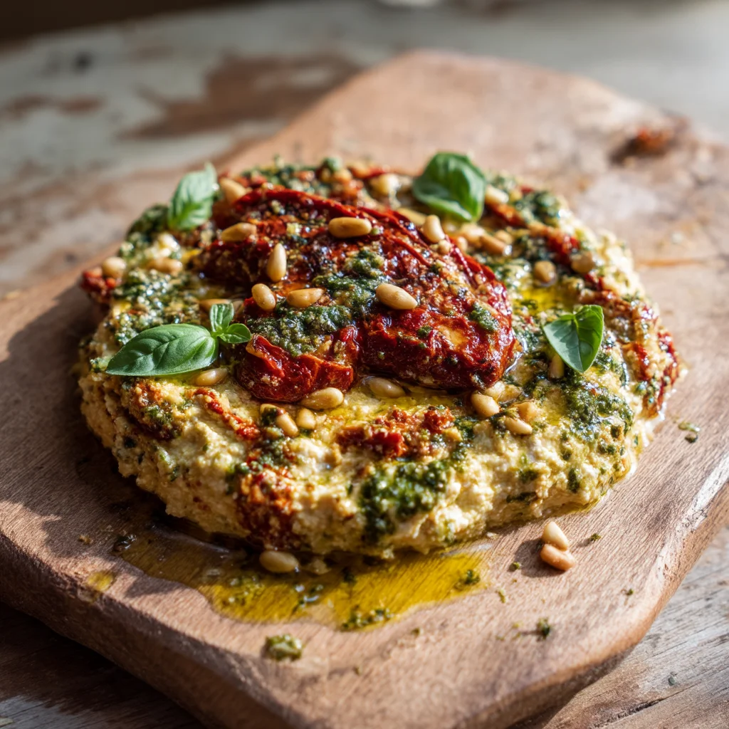 creamy sun-dried tomato cottage cheese dip in white ceramic bowl with fresh basil garnish