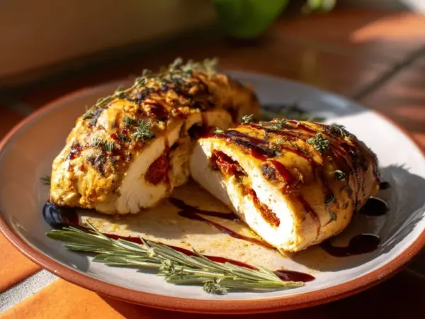 golden roasted sun-dried tomato stuffed chicken with creamy sauce and fresh herbs in a white ceramic dish
