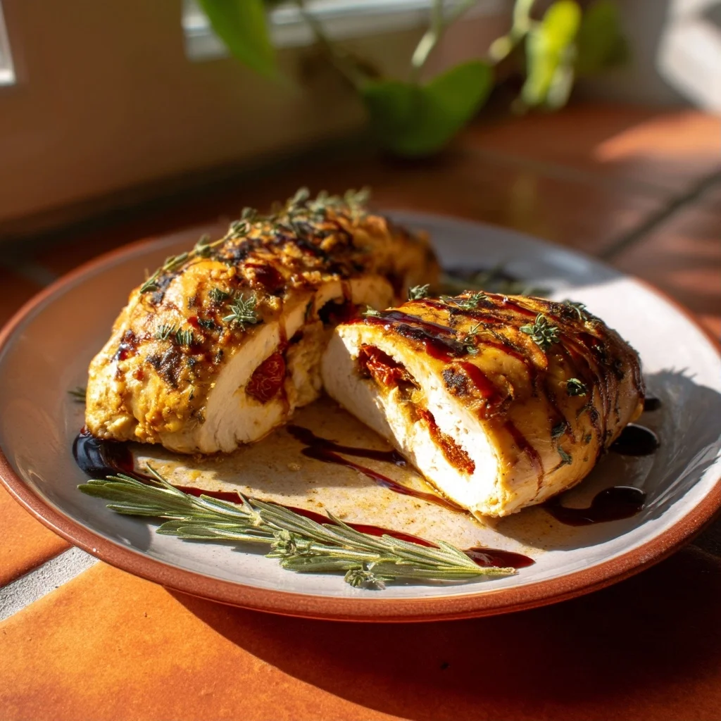 golden roasted sun-dried tomato stuffed chicken with creamy sauce and fresh herbs in a white ceramic dish