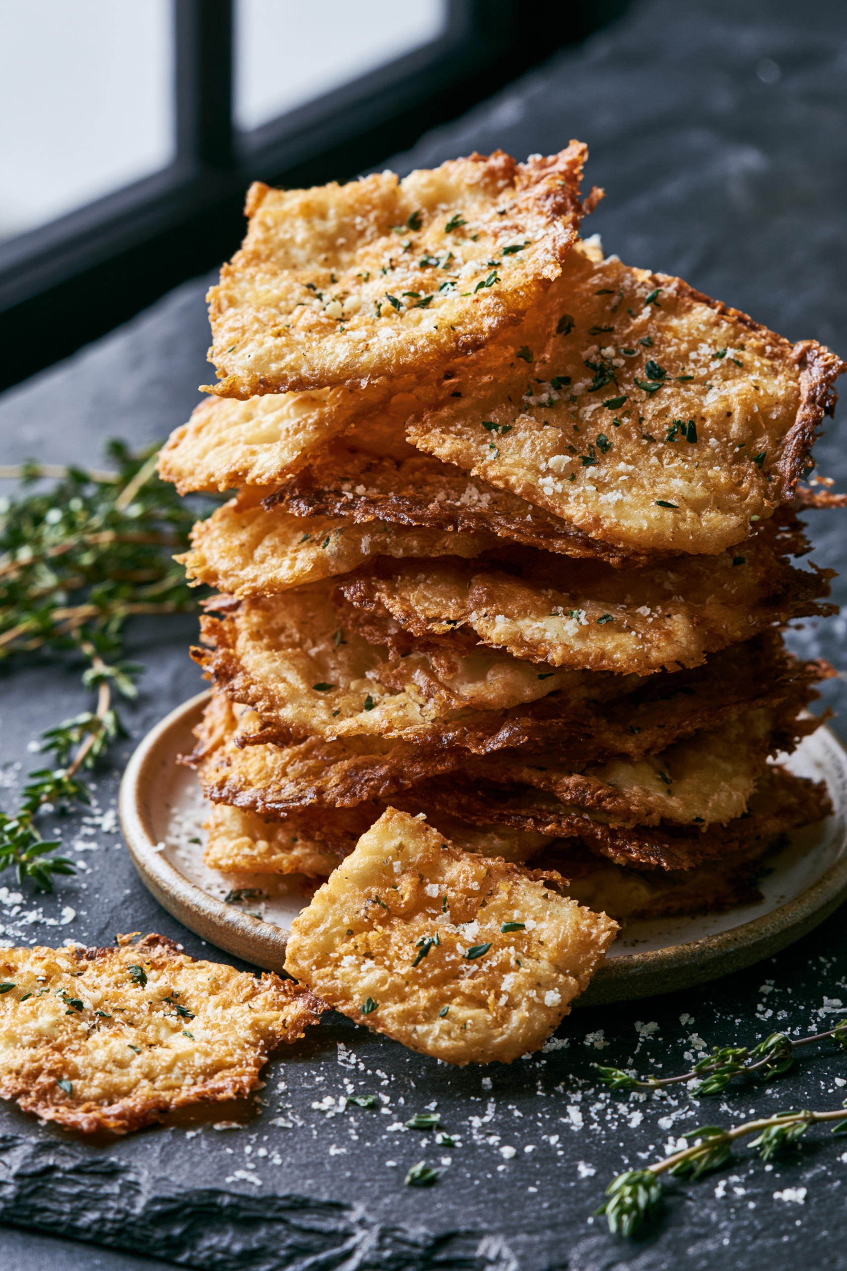 Crispy thyme cottage cheese chips sprinkled with parmesan and fresh thyme, a high protein snack