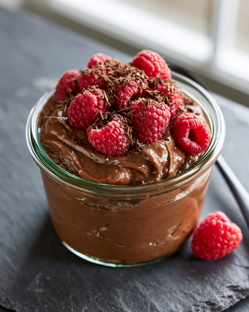 Dark chocolate raspberry mousse topped with fresh raspberries and dark chocolate shavings, a high protein snack