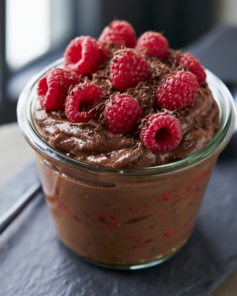 A single serving of dark chocolate raspberry mousse garnished with fresh raspberries and dark chocolate shavings