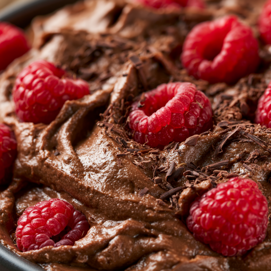 Close-up of the silky smooth texture of dark chocolate raspberry mousse topped with raspberries and chocolate shavings