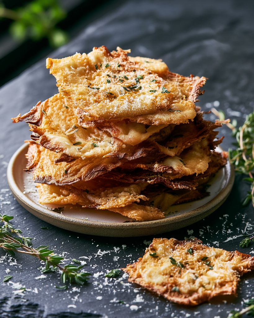 Close-up of the crisp, golden texture of thyme cottage cheese chips with parmesan and fresh thyme