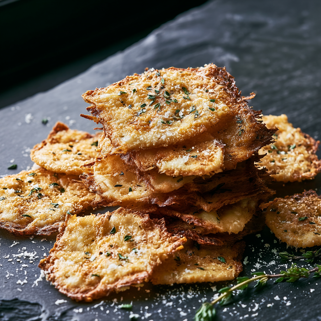 A small bowl of crispy thyme cottage cheese chips garnished with parmesan and fresh thyme
