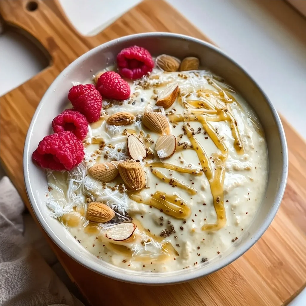 creamy vanilla almond overnight oats in a white ceramic bowl with almond slices and honey drizzle