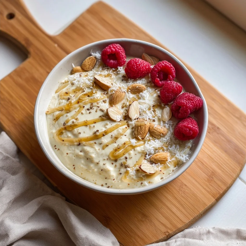 creamy vanilla almond overnight oats in glass jar with almond slices and drizzle