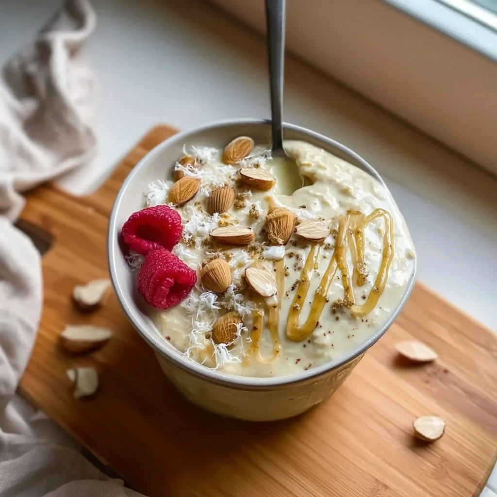 creamy vanilla almond overnight oats in a white bowl topped with sliced almonds and fresh berries