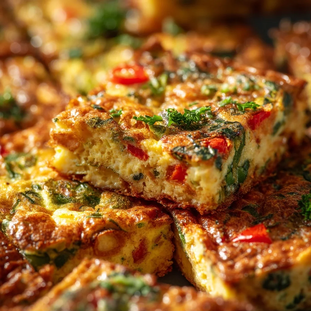 golden veggie frittata squares with melted cheese and fresh herbs in a white ceramic dish