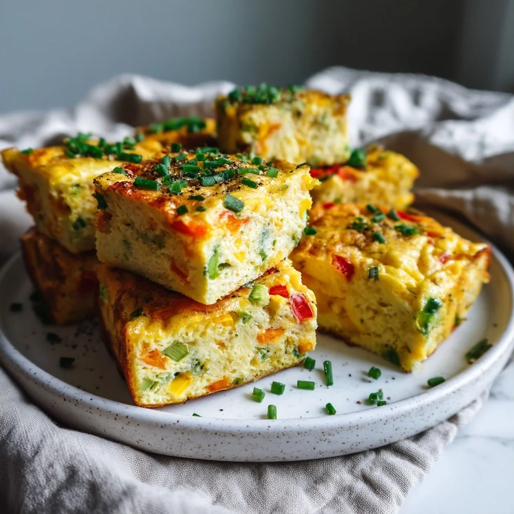 golden veggie frittata squares with roasted edges, fresh herbs, and creamy cheese topping