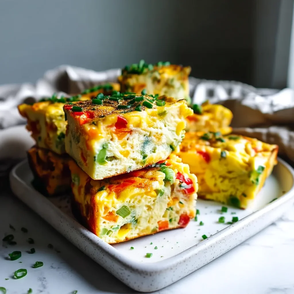 golden veggie frittata squares with creamy edges, roasted vegetables, and fresh herbs on a white ceramic dish