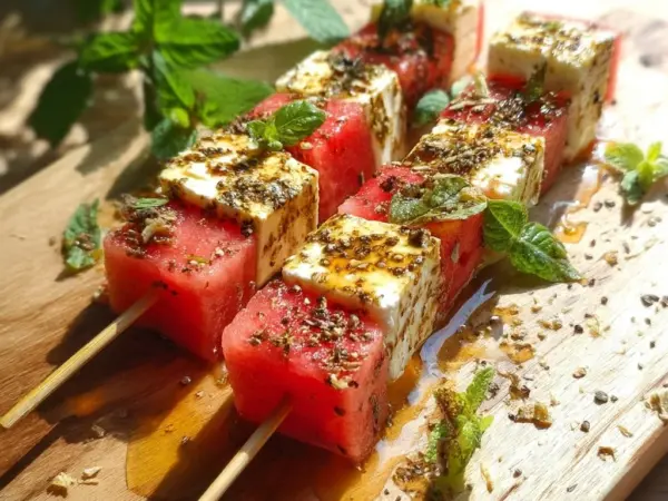 juicy watermelon feta skewers with fresh mint and balsamic glaze on wooden board
